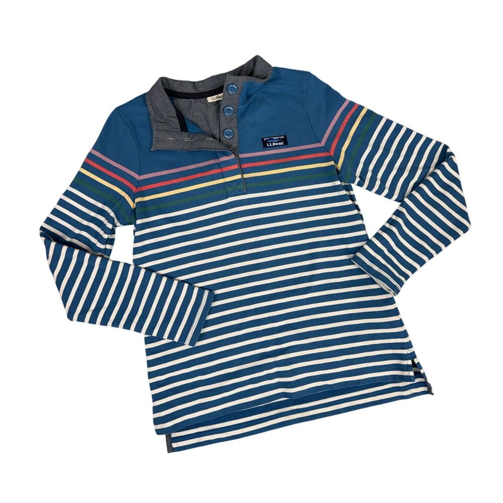 L.L. Bean Stripe Rugby Shirt Small Blue White Henley Button Neckline Long Sleeve